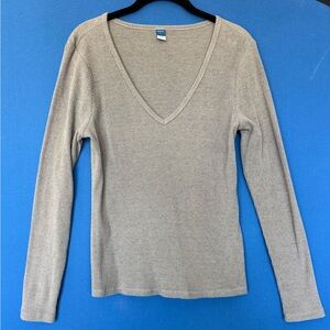Old Navy Women's Gray Ribbed V-Neck Long Sleeve Top